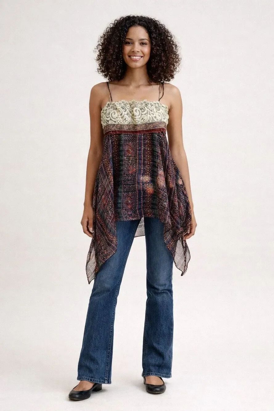 Marciano Womens Lace Paisley Handkerchief Hem Y2K Silk Babydoll Top Size Small